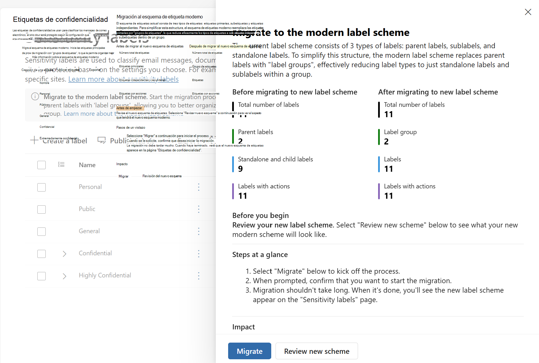 Panel flotante Migración de etiquetas desde la página Etiquetas de confidencialidad para migrar al esquema de etiquetas moderno.
