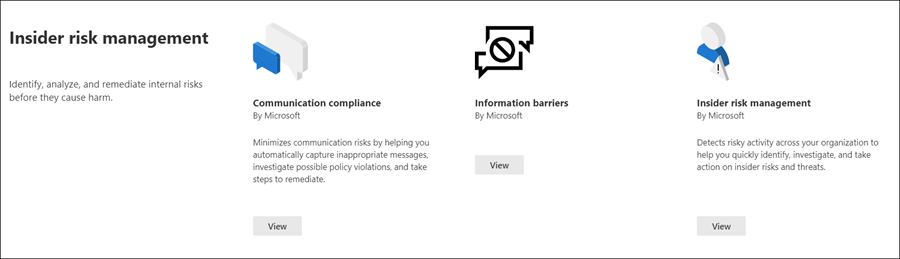 Sección administración de riesgos internos del catálogo de soluciones de Microsoft Purview.