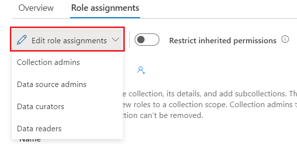 Captura de pantalla de la ventana de recopilación clásica del portal de gobernanza de Microsoft Purview, con la lista desplegable Editar asignaciones de roles seleccionada.