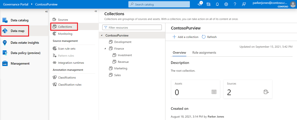 Captura de pantalla del portal de gobernanza de Microsoft Purview clásico abierto en el mapa de datos, con la pestaña Colecciones seleccionada.