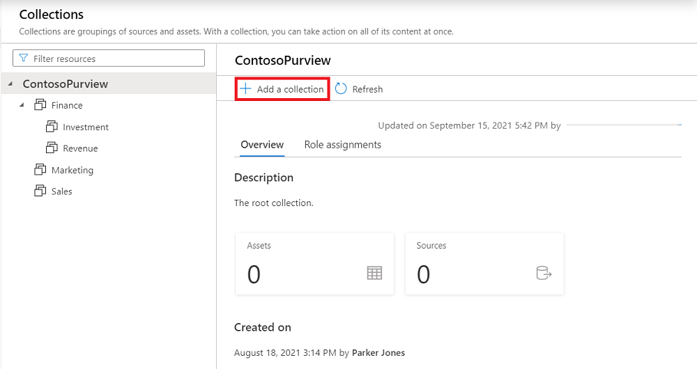 Captura de pantalla de la ventana clásica del portal de gobernanza de Microsoft Purview, abierta en el mapa de datos, con la pestaña Colecciones seleccionada y Agregar una colección resaltada.