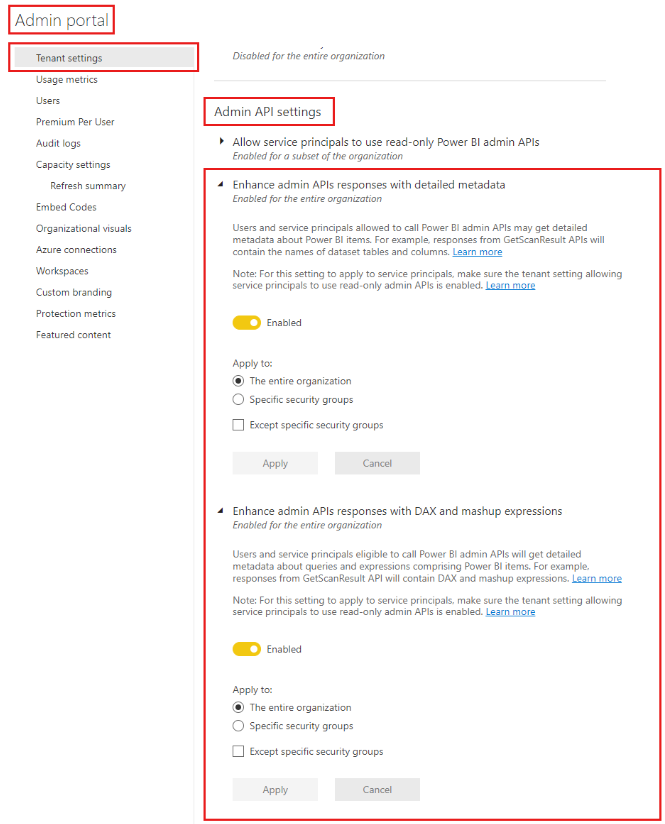 Imagen que muestra la configuración del portal de administración de Power BI para habilitar el examen de subartifact.