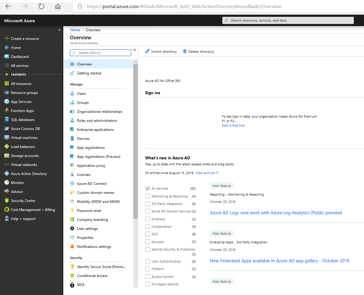 Captura de pantalla del panel de navegación izquierdo con Microsoft Entra ID seleccionado en el Azure Portal.