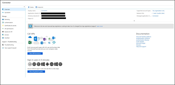 Captura de pantalla de la página de información general de la aplicación que muestra el identificador de aplicación (cliente) y el identificador de directorio (inquilino).