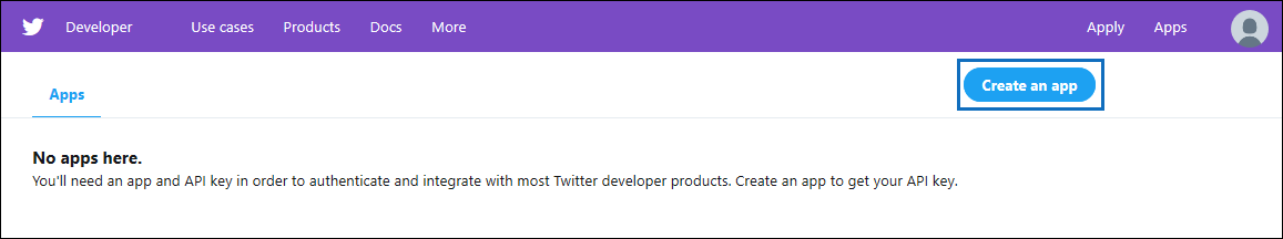 Captura de pantalla de la página Aplicaciones del portal para desarrolladores de Twitter con la opción de crear una nueva aplicación.