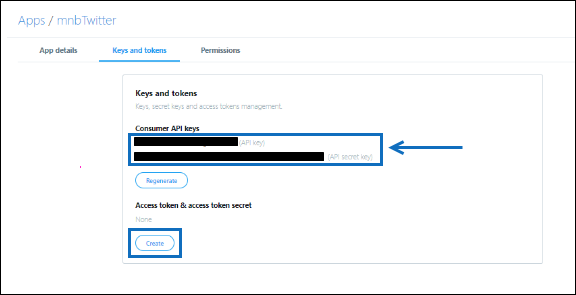 Captura de pantalla de la página Claves y tokens de la aplicación para desarrolladores de Twitter en la que se muestra la clave secreta de la API.