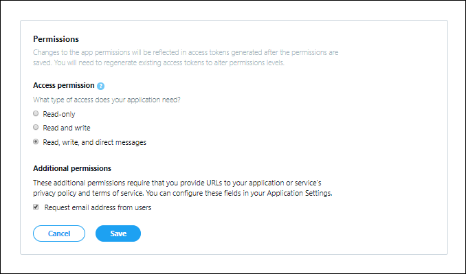 Captura de pantalla de la pestaña Permisos de la aplicación Twitter con los permisos necesarios configurados.