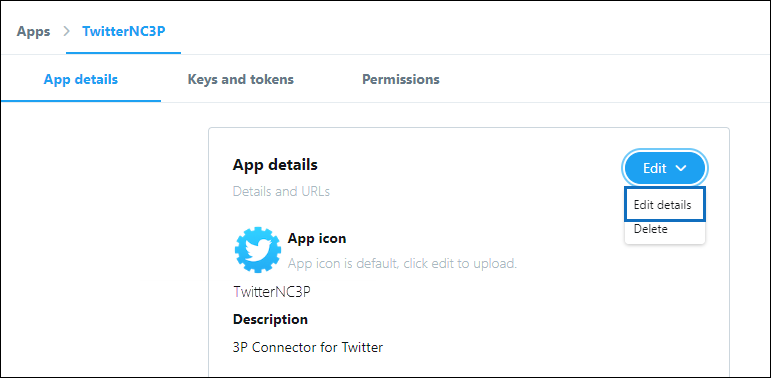 Captura de pantalla de la página de detalles de la aplicación Twitter con la opción Editar detalles seleccionada.