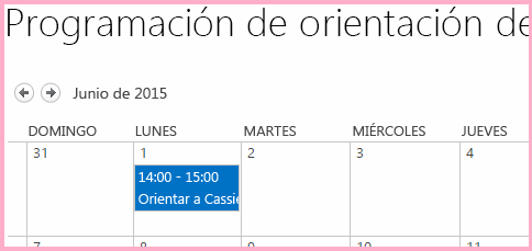 Un calendario denominado “Programa de orientación para empleados” con un elemento el 1 de junio que dice “Orientar a Claudia Olivares”