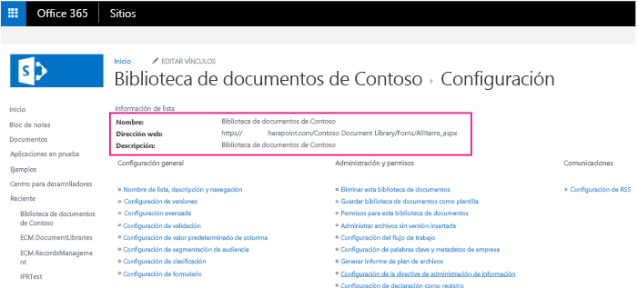 Captura de pantalla de la página de configuración de la biblioteca de documentos, con los campos del nombre, de la dirección web y de la descripción resaltados.