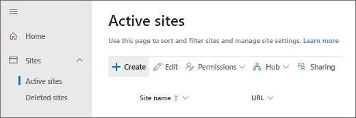 Botón Create de la página Sitios activos.