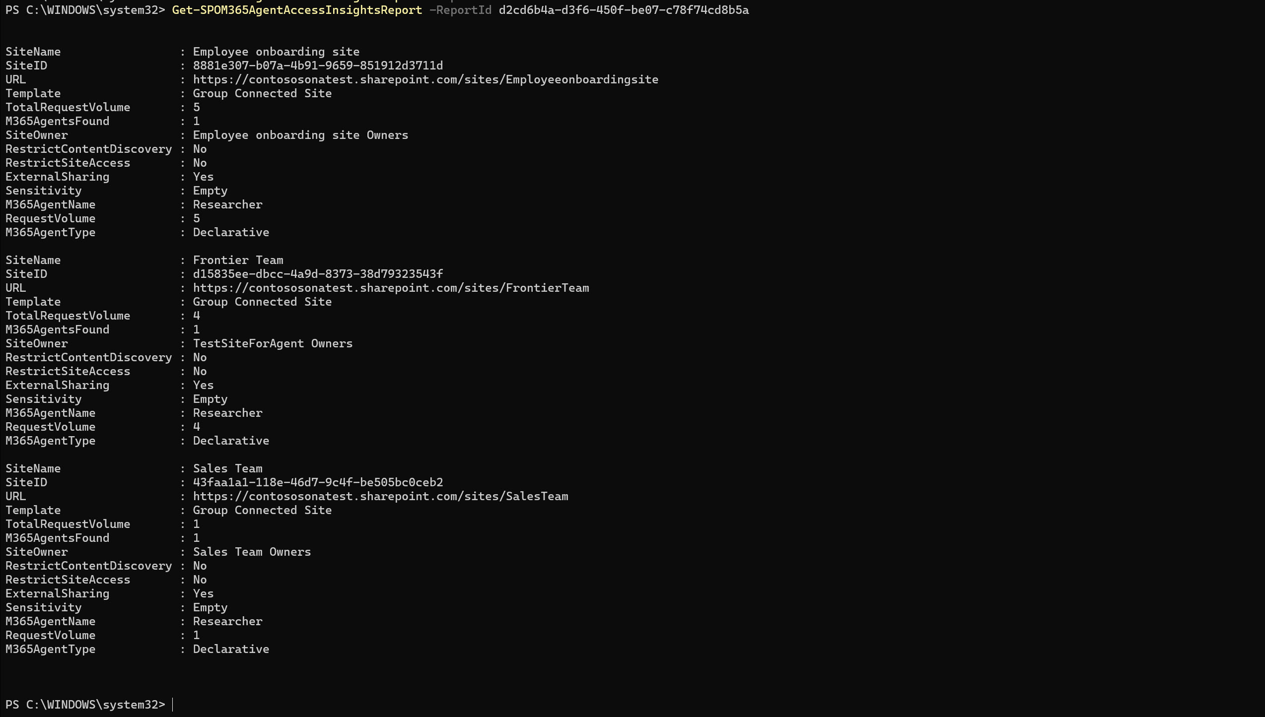 Captura de pantalla de la ejecución de Get-SPOM365AgentAccessInsightsReport comando en Shell de administración de SharePoint Online.