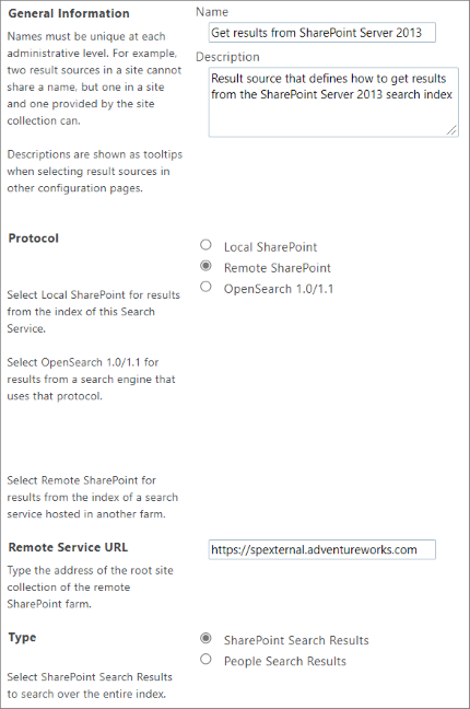 Primeras cuatro secciones de la página de origen de resultados para obtener resultados de búsqueda híbrida de SharePoint Server 2013