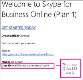 Un ejemplo del correo electrónico de bienvenida que recibió después de suscribirse a Skype Empresarial Online. Contiene su id. de usuario de Microsoft 365 u Office 365.