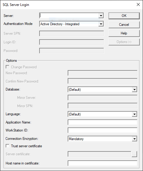 Captura de pantalla del cuadro de diálogo Inicio de sesión de SQL Server