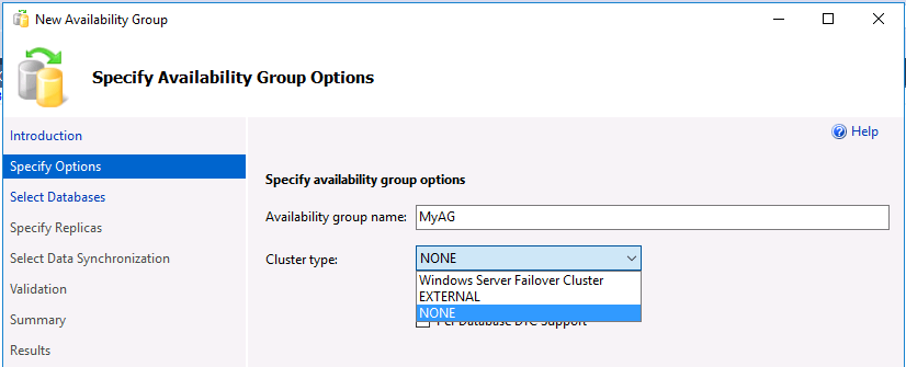 Screenshot of SSMS AG options.