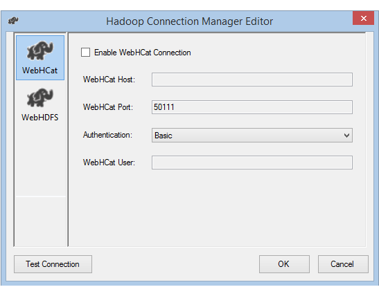 Editor del administrador de conexiones de Hadoop con autenticación básica Captura de pantalla del editor del administrador de conexiones de Hadoop con autenticación básica