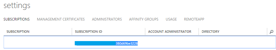 Captura de pantalla del Portal de administración de Azure en la que se muestra la pestaña SUSCRIPCIONES de la página Configuración.