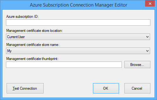 Captura de pantalla en la que se muestra el cuadro de diálogo Azure Subscription Connection Manager Editor (Editor de administrador de conexiones de suscripciones de Azure).