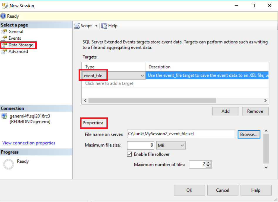 Screenshot of New Session > Data Storage > Targets > Type > event_file.