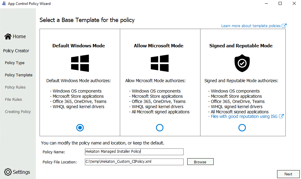 Captura de pantalla de la plantilla base WDAC.