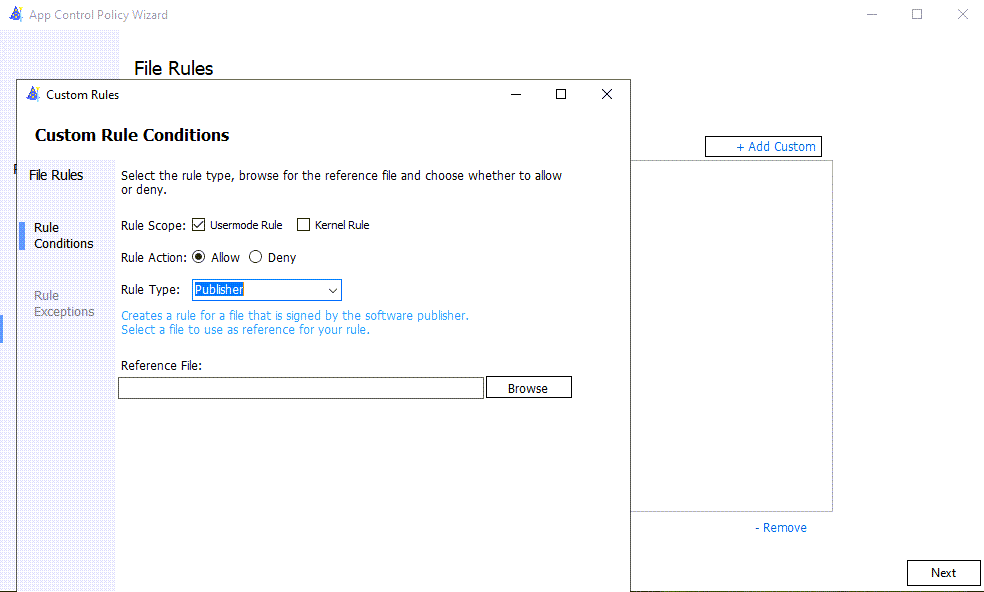 Captura de pantalla de la Directiva Personalizada de WDAC.