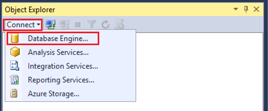 Captura de pantalla del Explorador de objetos en la que se muestra la lista desplegable de conexión y la opción Motor de base de datos resaltada.