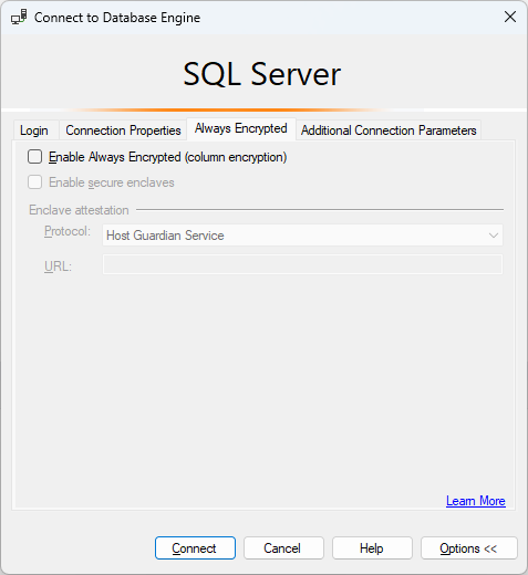 Captura de pantalla de la opción de conexión SSMS para Always Encrypted deshabilitado.