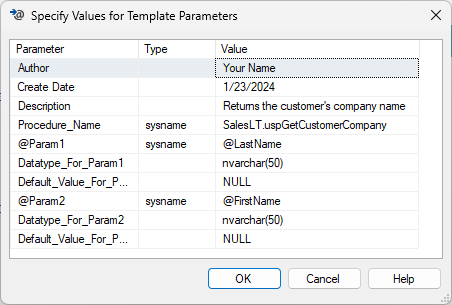 Captura de pantalla que muestra un cuadro de diálogo Especificar valores para parámetros de plantilla completado.