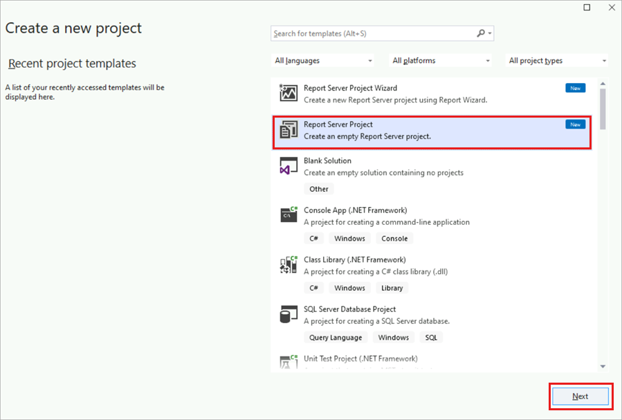 Captura de pantalla del cuadro de diálogo Nuevo proyecto con la plantilla Proyecto de servidor de informes resaltada.
