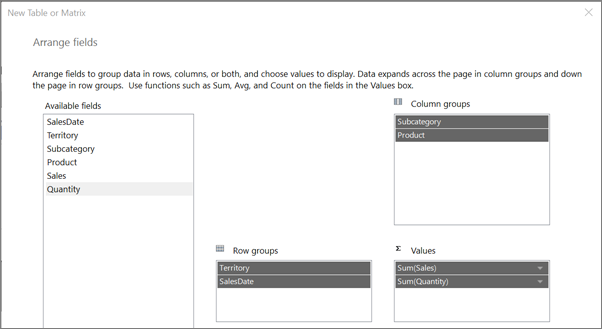 Captura de pantalla que muestra el Asistente de informes para organizar campos en el Report Builder.