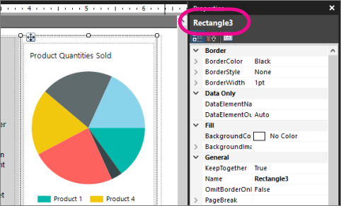 Captura de pantalla que muestra cómo ver la propiedad Name en el informe de forma libre de Report Builder.