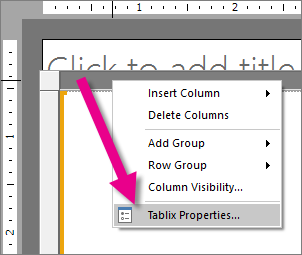 Captura de pantalla que muestra la opción Propiedades de Tablix para el informe de forma libre de Report Builder.
