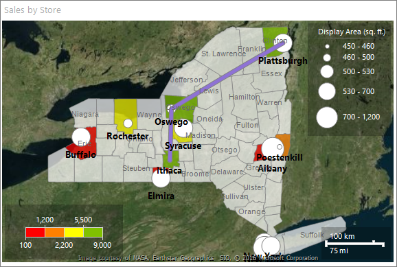 Captura de pantalla que muestra una vista previa del mapa de condados de Report Builder con reglas de color específicas aplicadas.