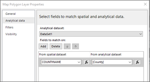 Captura de pantalla que muestra la pestaña Datos analíticos del cuadro de diálogo Propiedades de capa de polígono de mapa.
