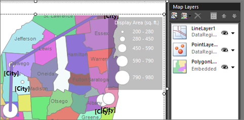 Captura de pantalla que muestra el mapa de Report Builder con una capa de línea.