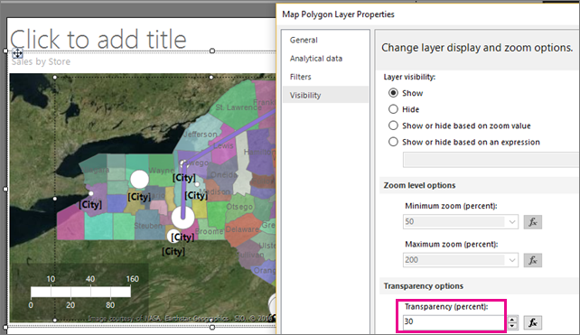 Captura de pantalla que muestra cómo establecer la transparencia de una capa del mapa de Report Builder.