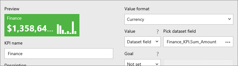 Captura de pantalla de la vista previa del KPI en la que se muestra la opción Formato de valor establecida en Moneda.