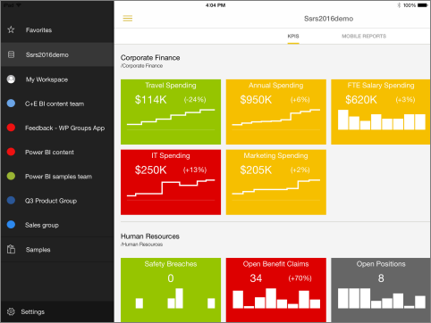 Captura de pantalla de la interfaz de la aplicación Power BI Mobile para iOS.