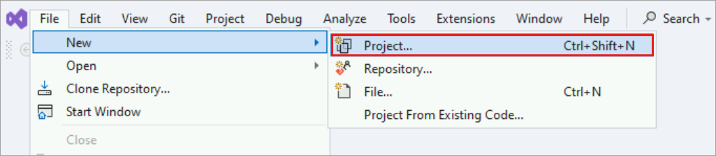 Captura de pantalla de Visual Studio con la opción de proyecto seleccionada en el menú Nuevo del menú Archivo.