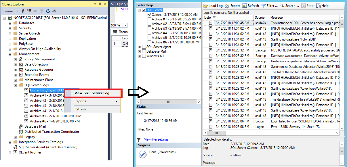 Ver el registro de errores en SSMS