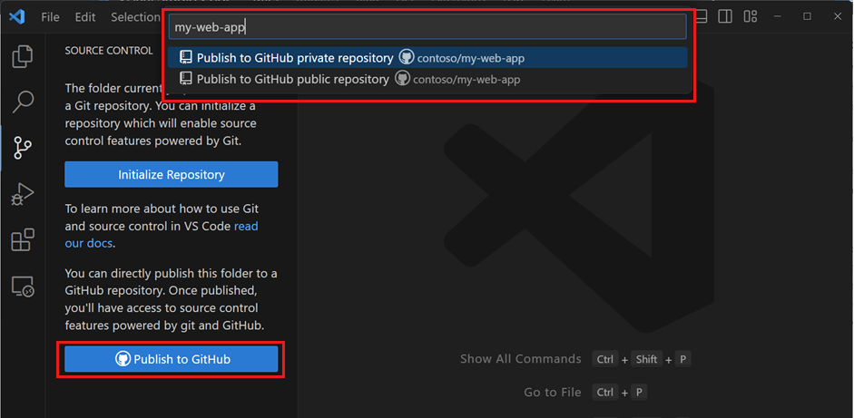 Captura de pantalla del cuadro de diálogo Crear un repositorio GIT en Visual Studio con la selección de GitHub resaltada.