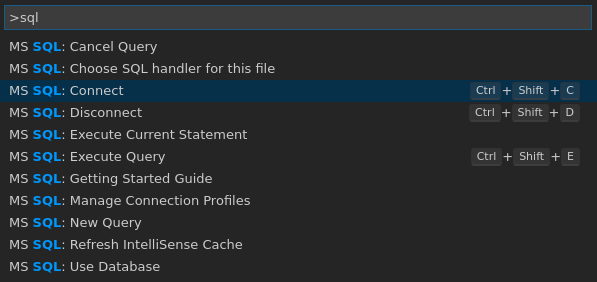 Captura de pantalla de la interfaz gráfica de usuario de Visual Studio Code, comandos de MSSQL.