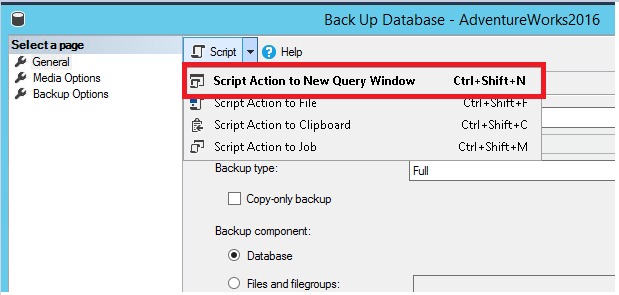 Captura de pantalla de la acción Script database backup--script.