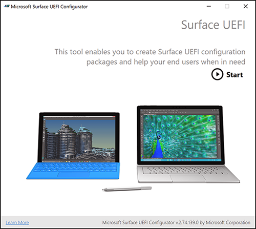 Pantalla de inicio de Surface UEFI Configurator.