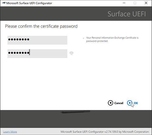 Captura de pantalla que muestra los campos para escribir y confirmar la contraseña del certificado.