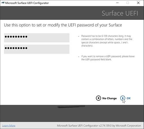 Captura de pantalla que muestra dónde se establece la contraseña de UEFI.