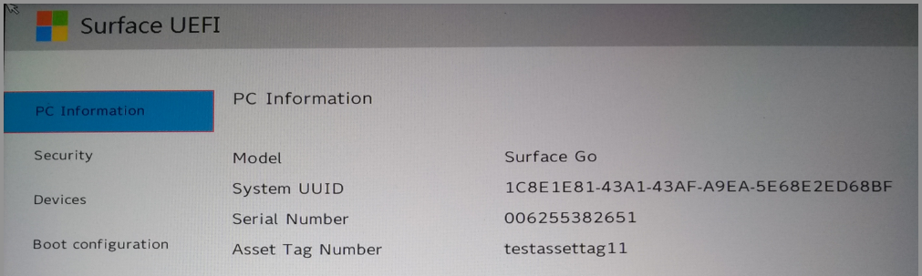 Resultados de la ejecución de la herramienta Surface Asset Tag en Surface Go.
