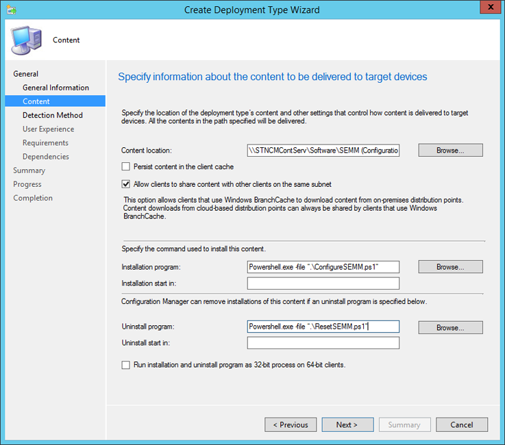 Establecer los scripts de Configuration Manager SEMM como comandos de instalación y desinstalación Establezca los scripts de semm Configuration Manager como comandos de instalación y desinstalación.