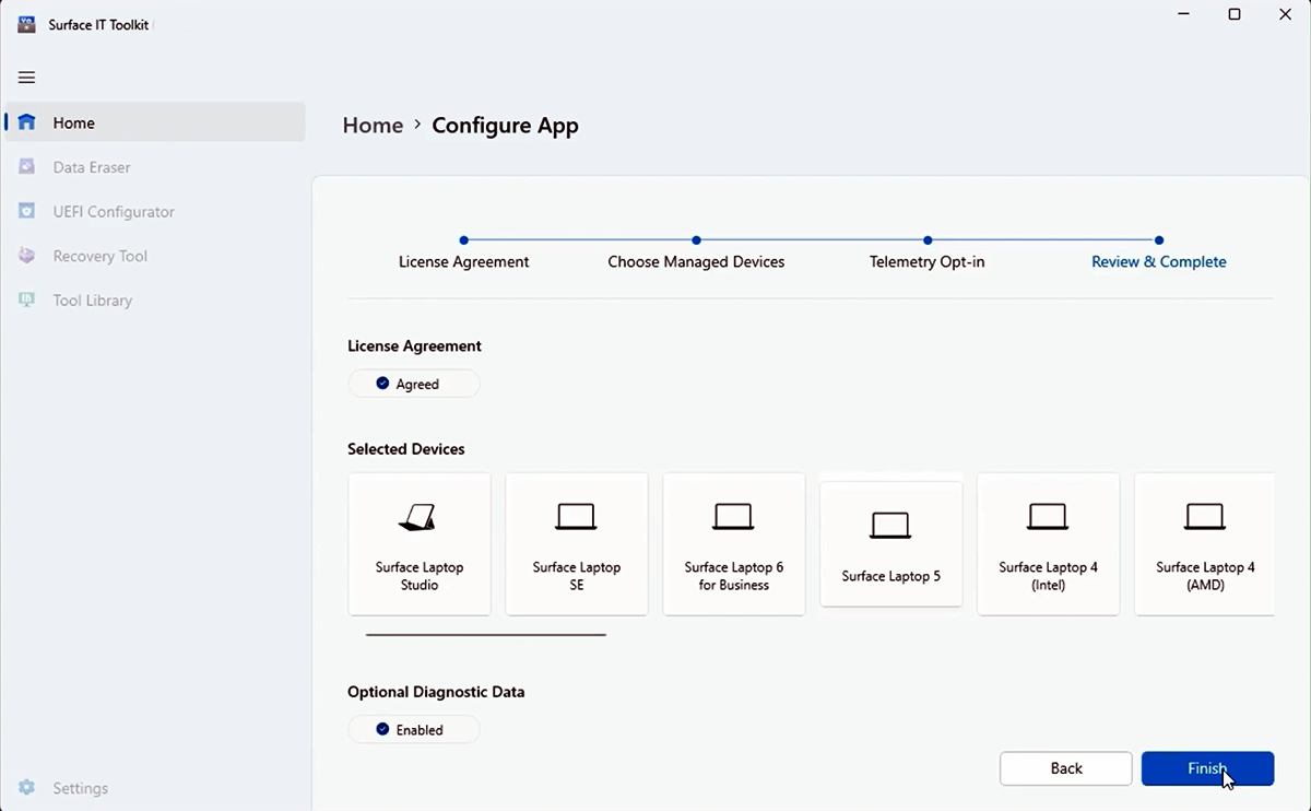 Captura de pantalla que muestra la revisión y finalización de la configuración de la aplicación.